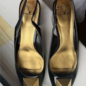 Valentino Garavani Black Patent Slingback Mules with Gold Insole